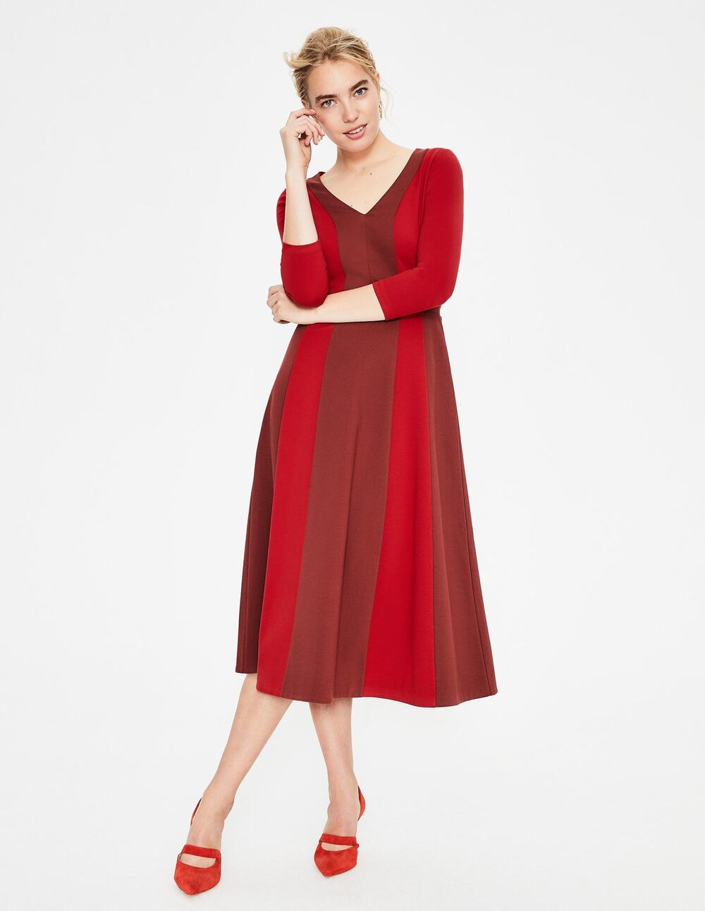 BODEN | Erin Ponte Midi Dress Red Burgundy Colorblock Fit Flare NWT | 2 Petite